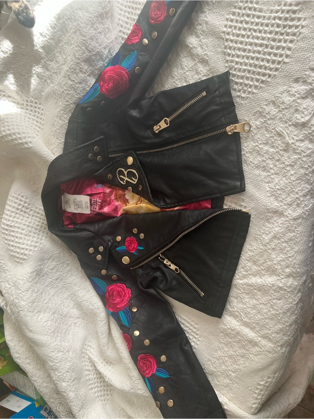 Kids Black Faux Leather Jacket with Pink Rose Embroidery - Disney